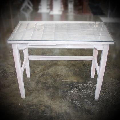 Wooden washed white Table glass on top 45cm X 85cm 