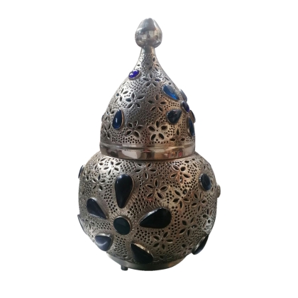 Ethnic Floor silver Lantern with blue pearls